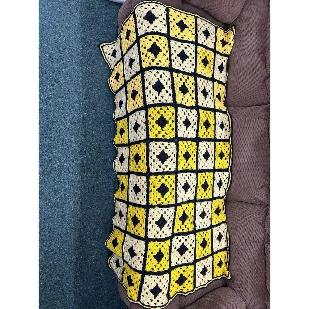 Vintage 70s Colorful Yellow‎ Granny Square Crochet Afghan Throw Blanket 60X36
